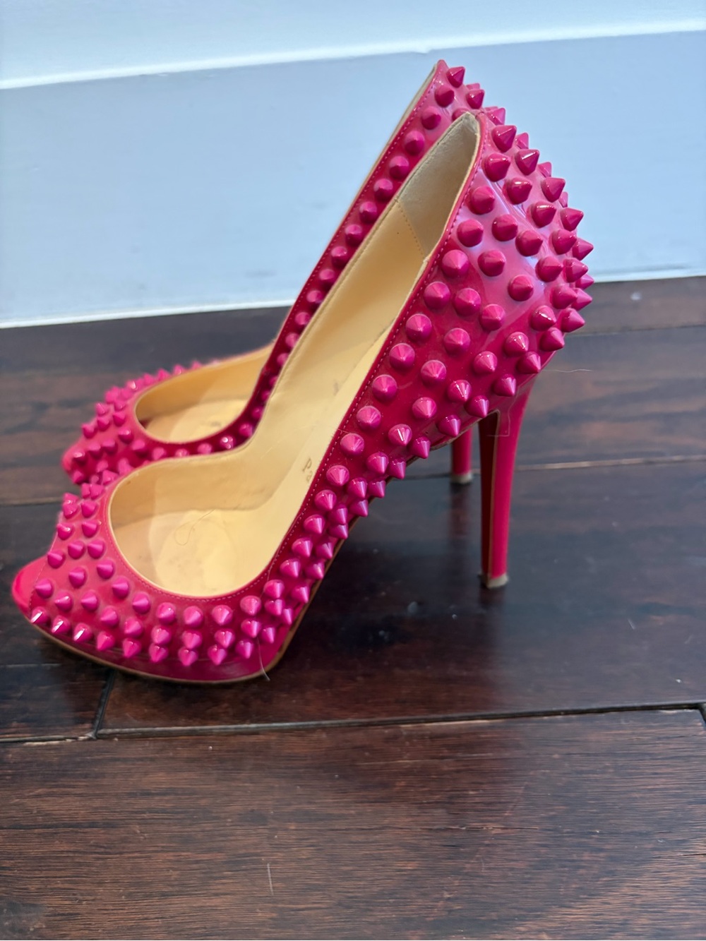 Christian Louboutin Hot Pink Spiked Peep-Toe Pumps - Picture 4 of 5